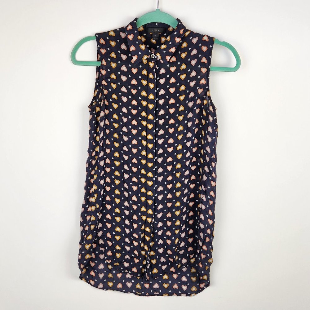 J. Crew 100% Silk Sleeveless Tunic Blouse in Heart Dot sz 0